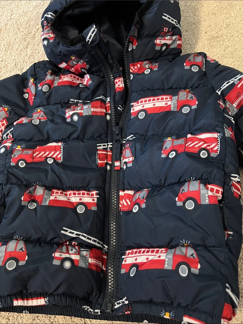 The Children's Place Navy and Red Fire Truck Puffer Jacket